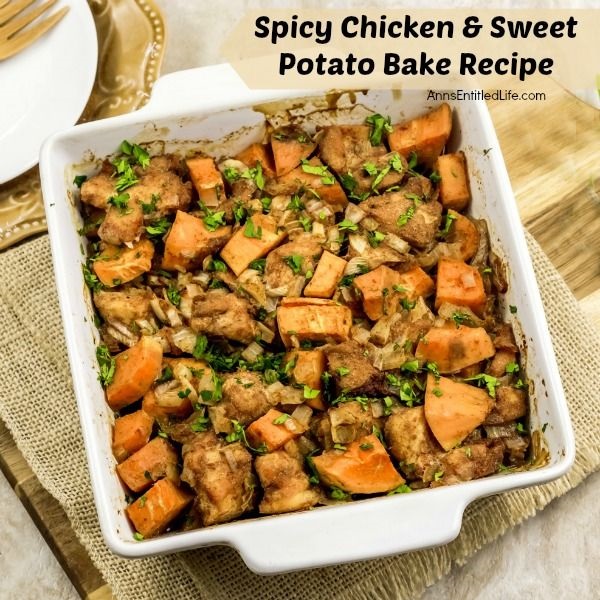Spicy Chicken and Sweet Potato Bake Recipe. This fabulous chicken and sweet potato recipe is an easy, healthy recipe for dinner. Simple to make, it is also a great healthy freezer meal recipe, so make two - one to serve for dinner tonight, and one to freeze for later. This delicious spicy chicken and sweet potato bake recipe is so good; your whole family will want seconds! Yum.